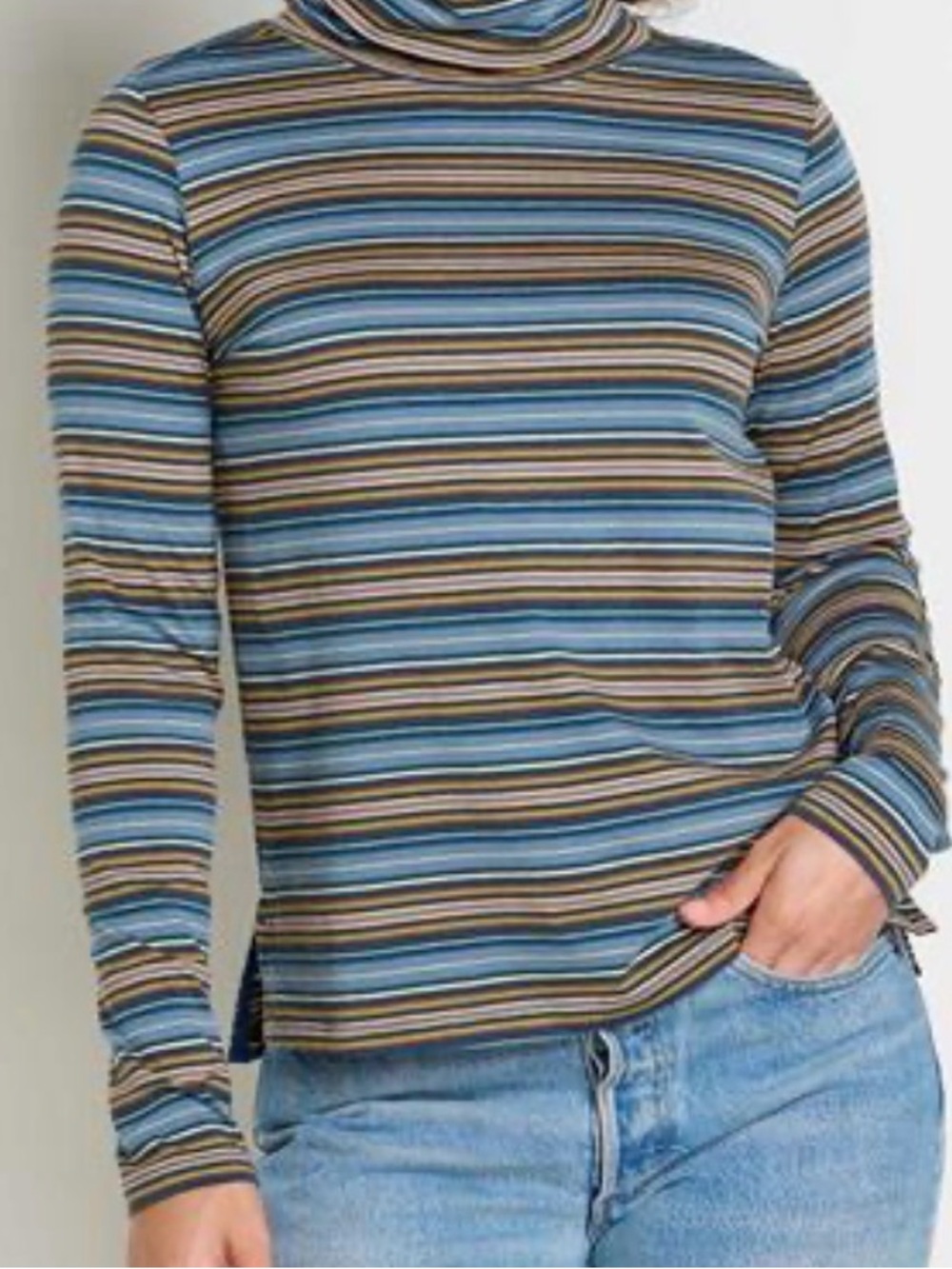 Liz Claiborne Green and Blue Striped Mockneck Top